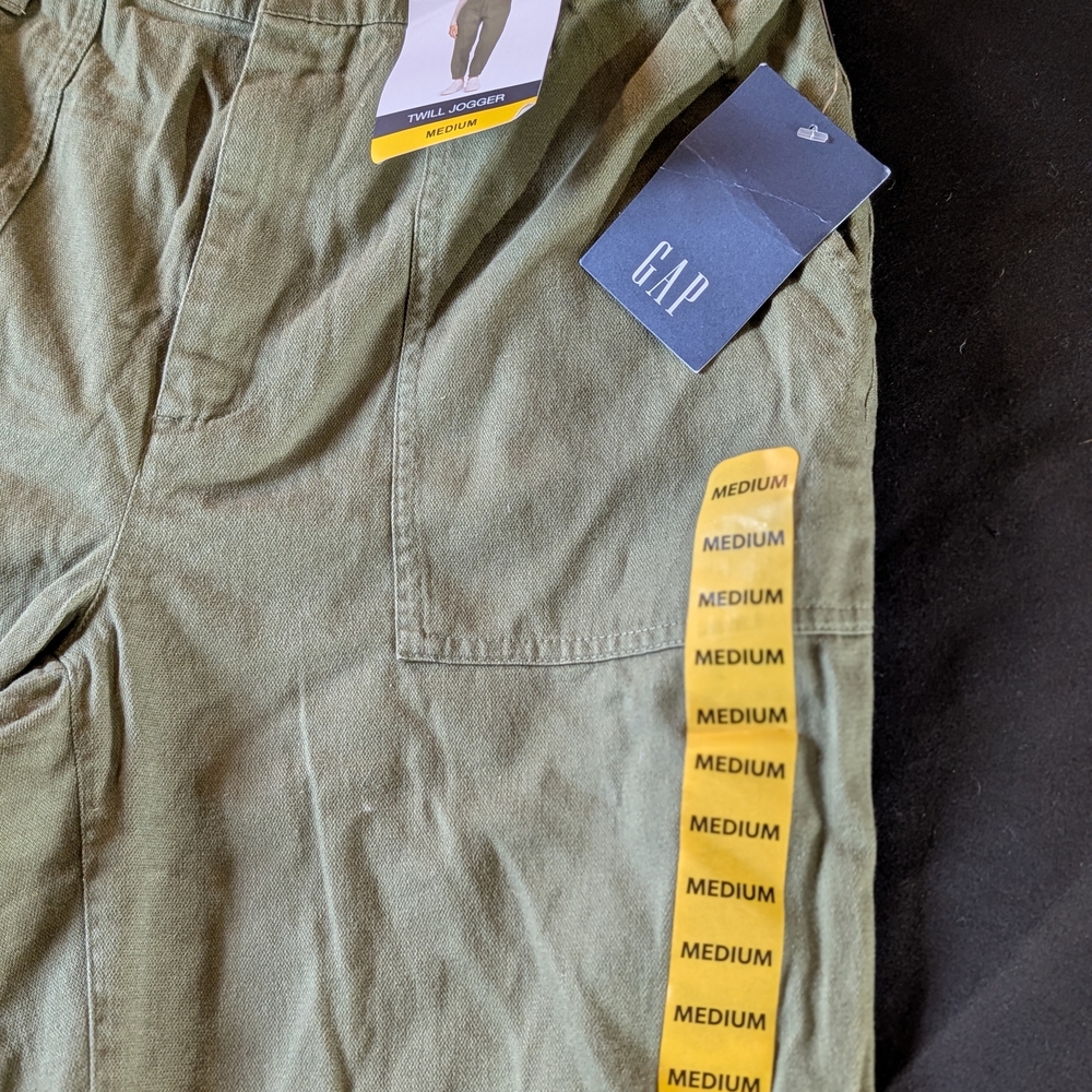 GAP Twill Jogger Olive Green Pants Elastic Waist Pockets Button Women's Casual M - Picture 3 of 7